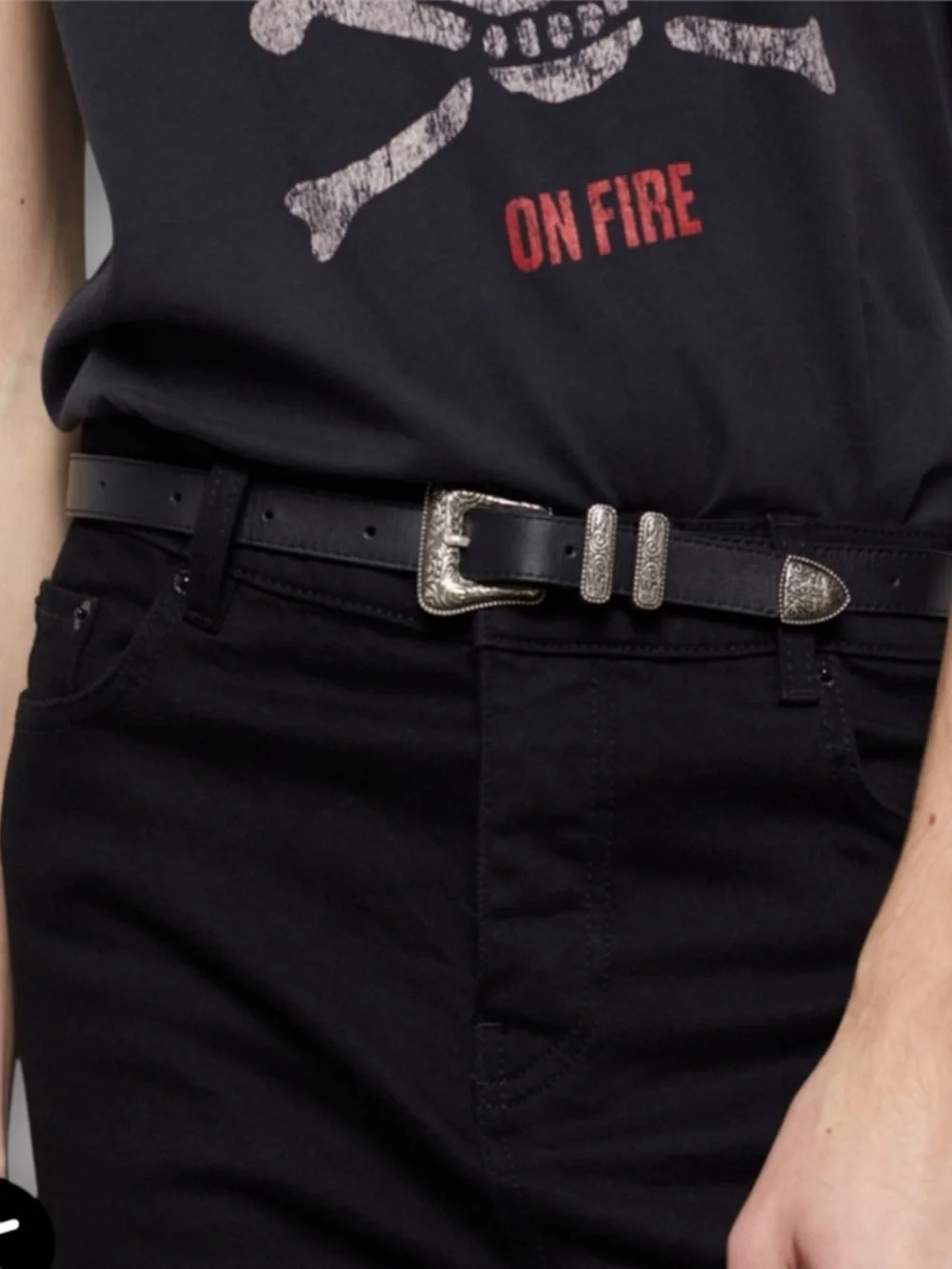 THE KOOPLES French Luxury Black Croc-Embossed Belt with Engraved Silver Buckle
